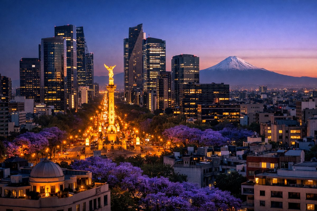 Mexico City at blue hour — Ángel de la Independencia, Reforma towers, Popocatépetl volcano, jacarandas in bloom